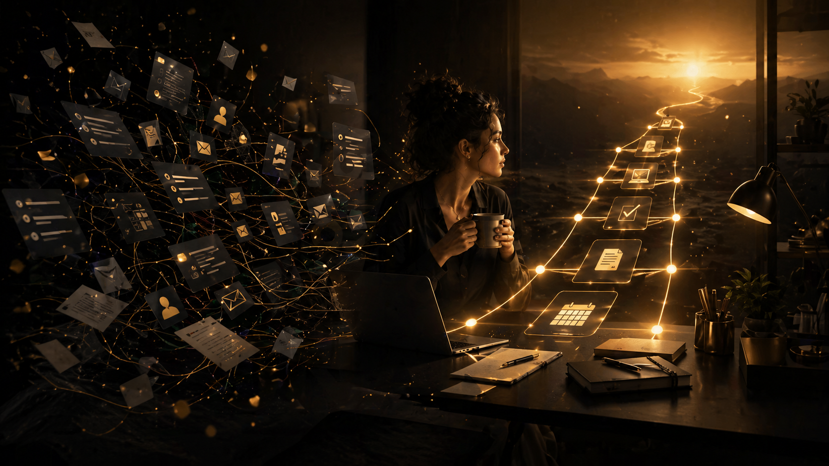 A focused worker at a warm desk, with scattered chaos on one side resolving into a glowing path of organized steps on the other.