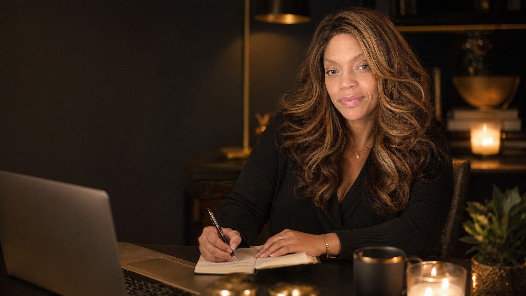 Andrea, founder of JNANIX, in a warm workspace representing direct support behind the Remote Work Starter Kit.